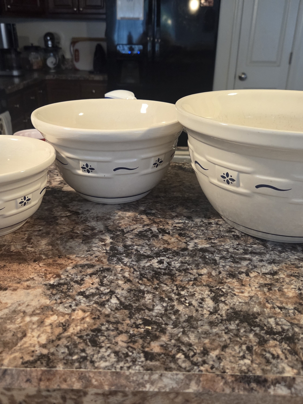 Longaberger Cream Ceramic Mixing Bowl Set with Blue Trim